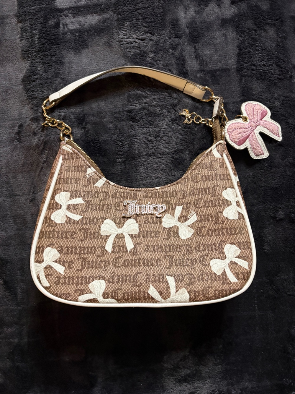 Juicy Couture Brown Monogram Bow-Print Shoulder Bag with Cream Trim